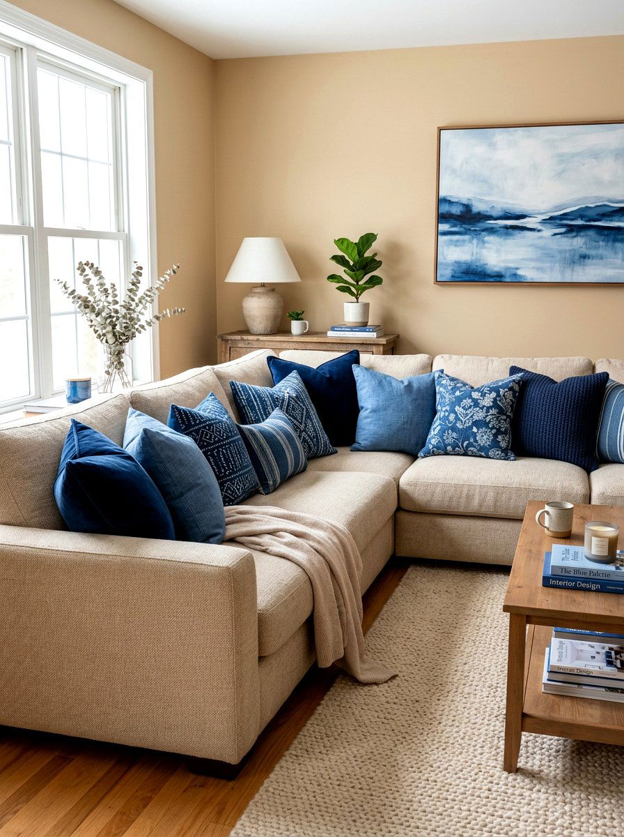 Blue throw pillows beige sofa - 30 blue and beige living room ideas
