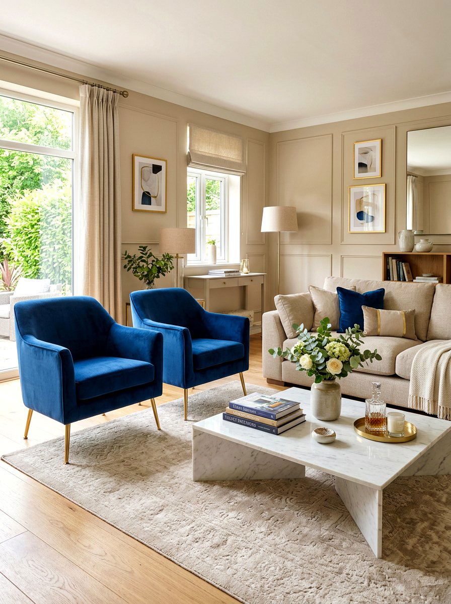 Blue velvet chairs beige living room - 30 blue and beige living room ideas