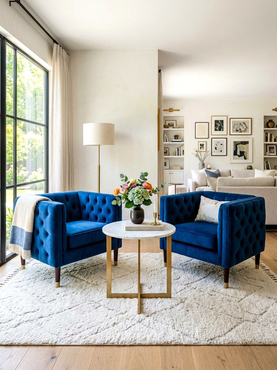 Blue velvet chairs - 30 blue and white living room decor ideas