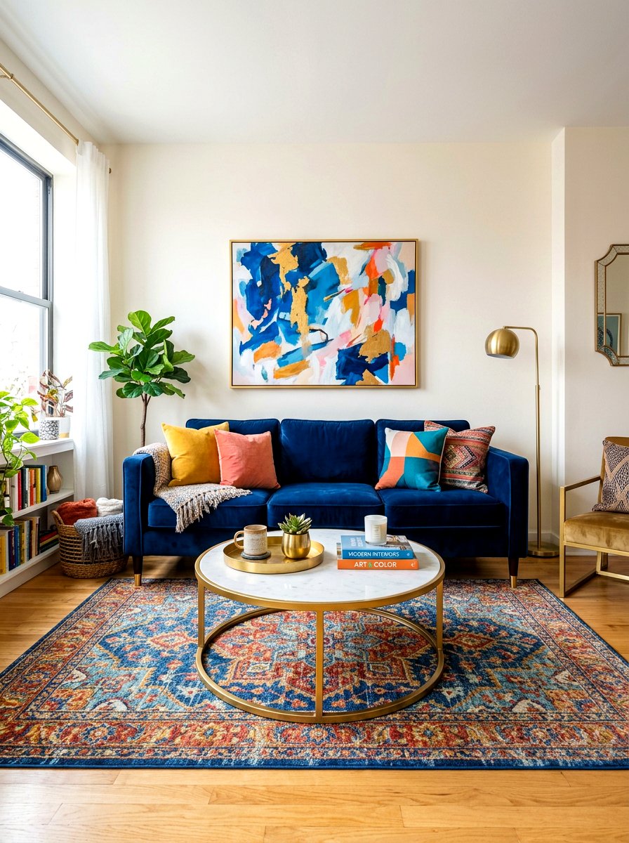 Blue velvet sofa living room - 30 modern eclectic living room ideas