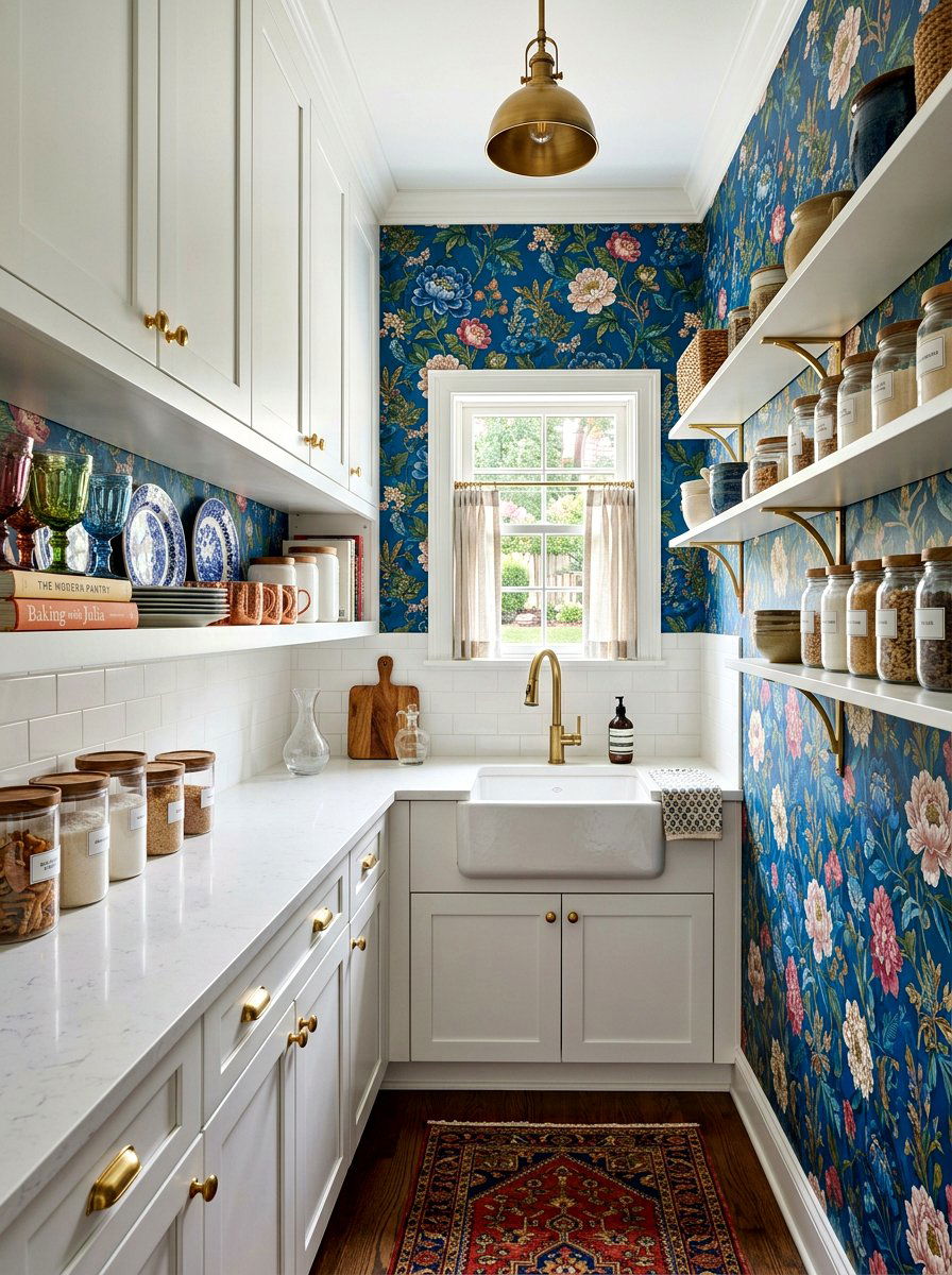 Blue wallpaper butler pantry - 30 beverage pantry ideas