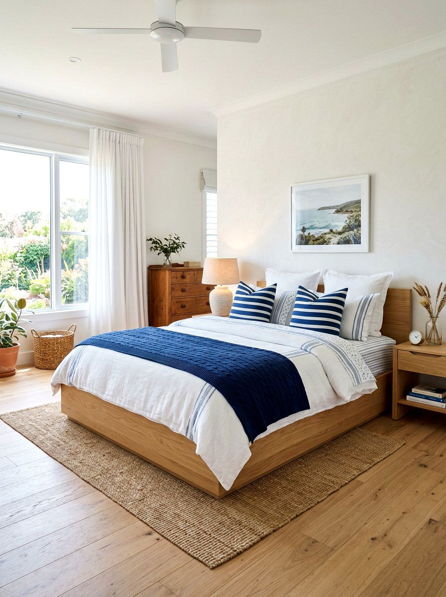 Blue white bedding - 30 surf shack decor ideas