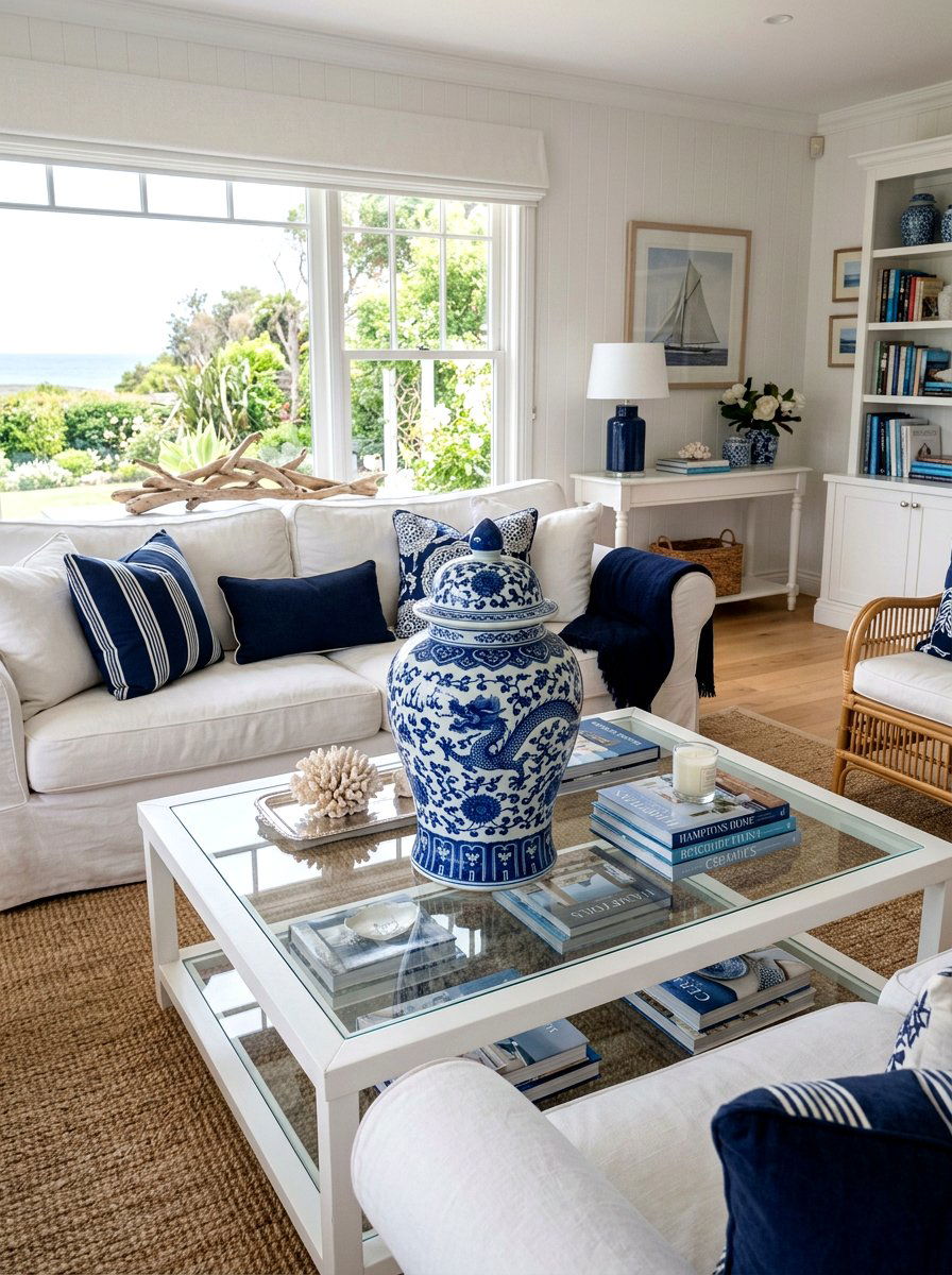 Blue white ginger jar - 30 glass coffee table styling ideas