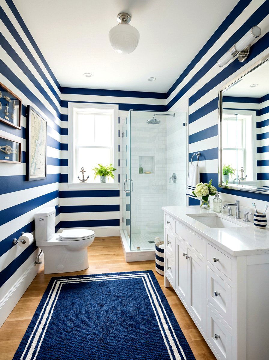 Blue white striped bathroom - 30 nautical bathroom ideas