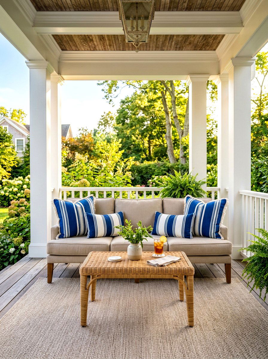 Blue white striped porch pillows - 30 Nancy Meyers front porch ideas