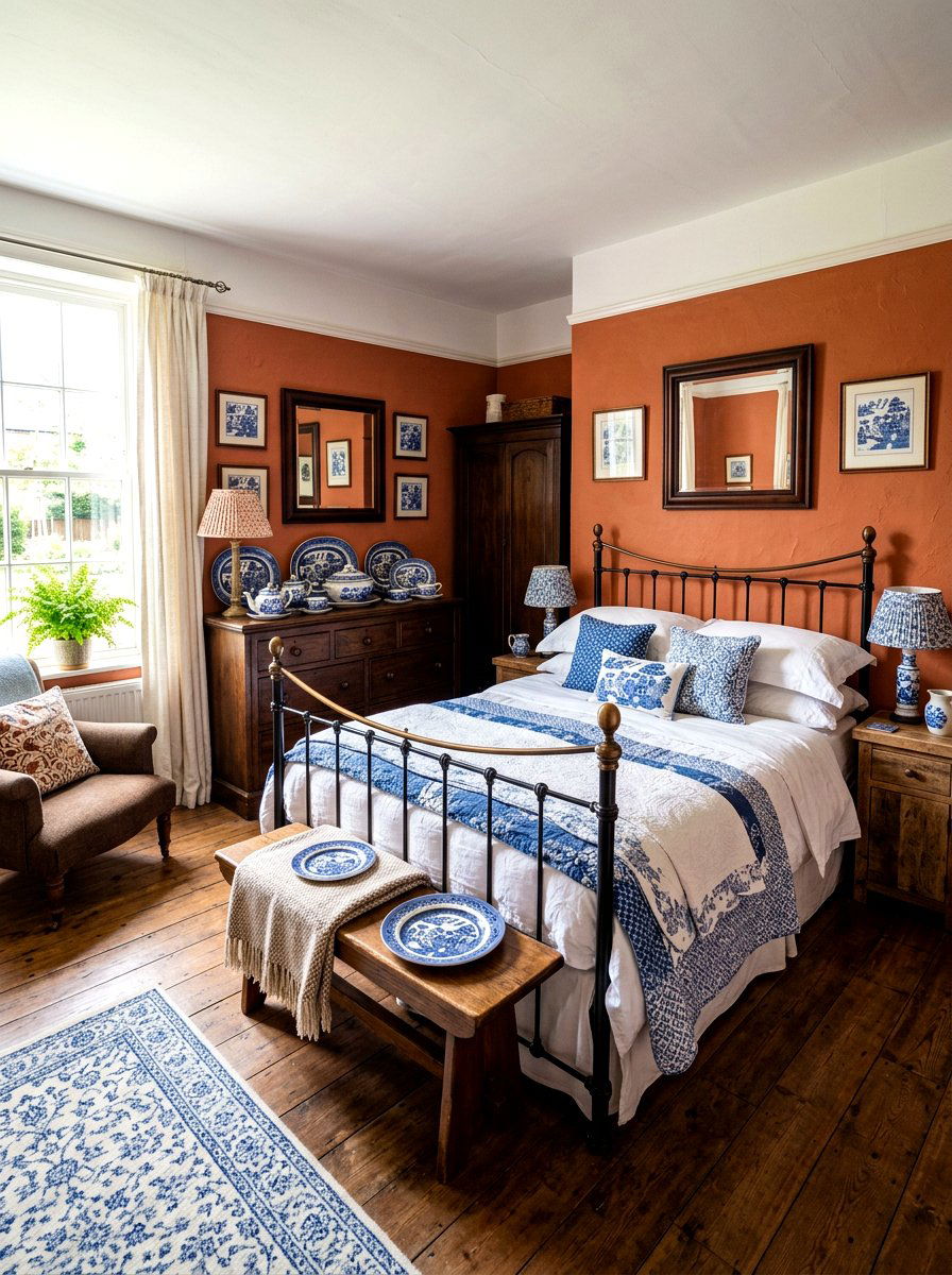 Blue willow pottery - 30 English country bedroom ideas