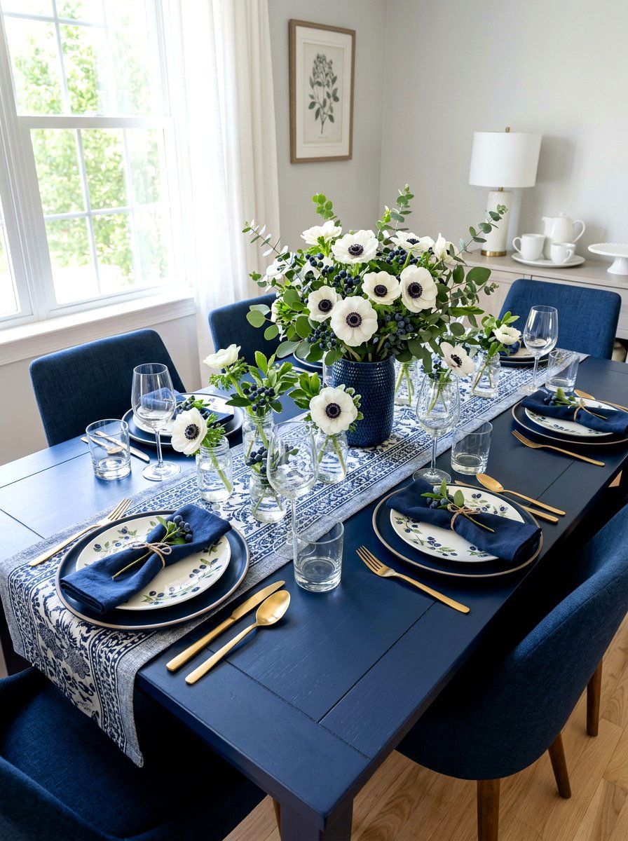 Blueberry and white anemone setting - 30 fruit and floral tablescape ideas