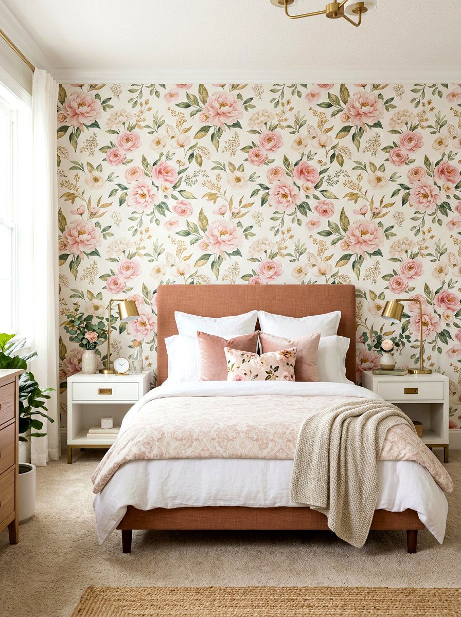 Blush Floral Wallpaper - 30 clay and blush bedroom ideas