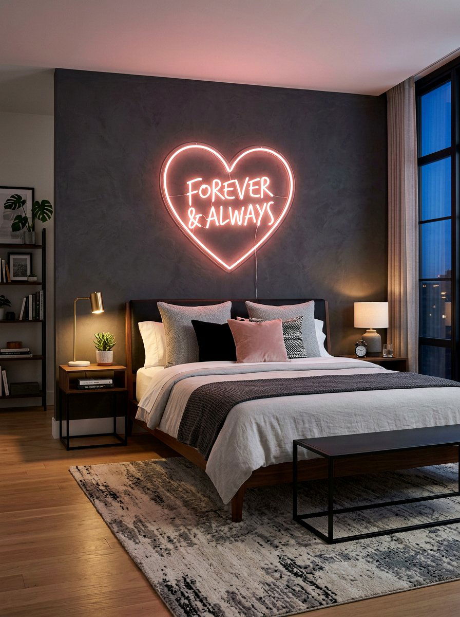 Blush Neon Sign - 30 clay and blush bedroom ideas