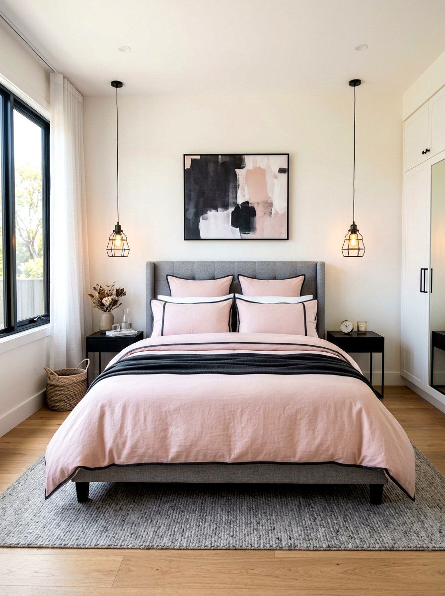 Blush Pink Bedding With Charcoal Piping - 30 piped bedding bedroom ideas