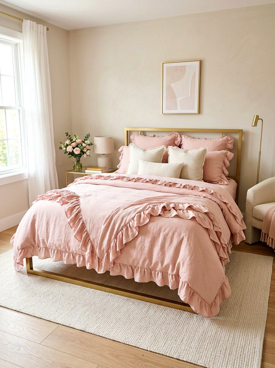 Blush Pink Ruffled Linen Bedding - 30 ruffled linen bedding ideas