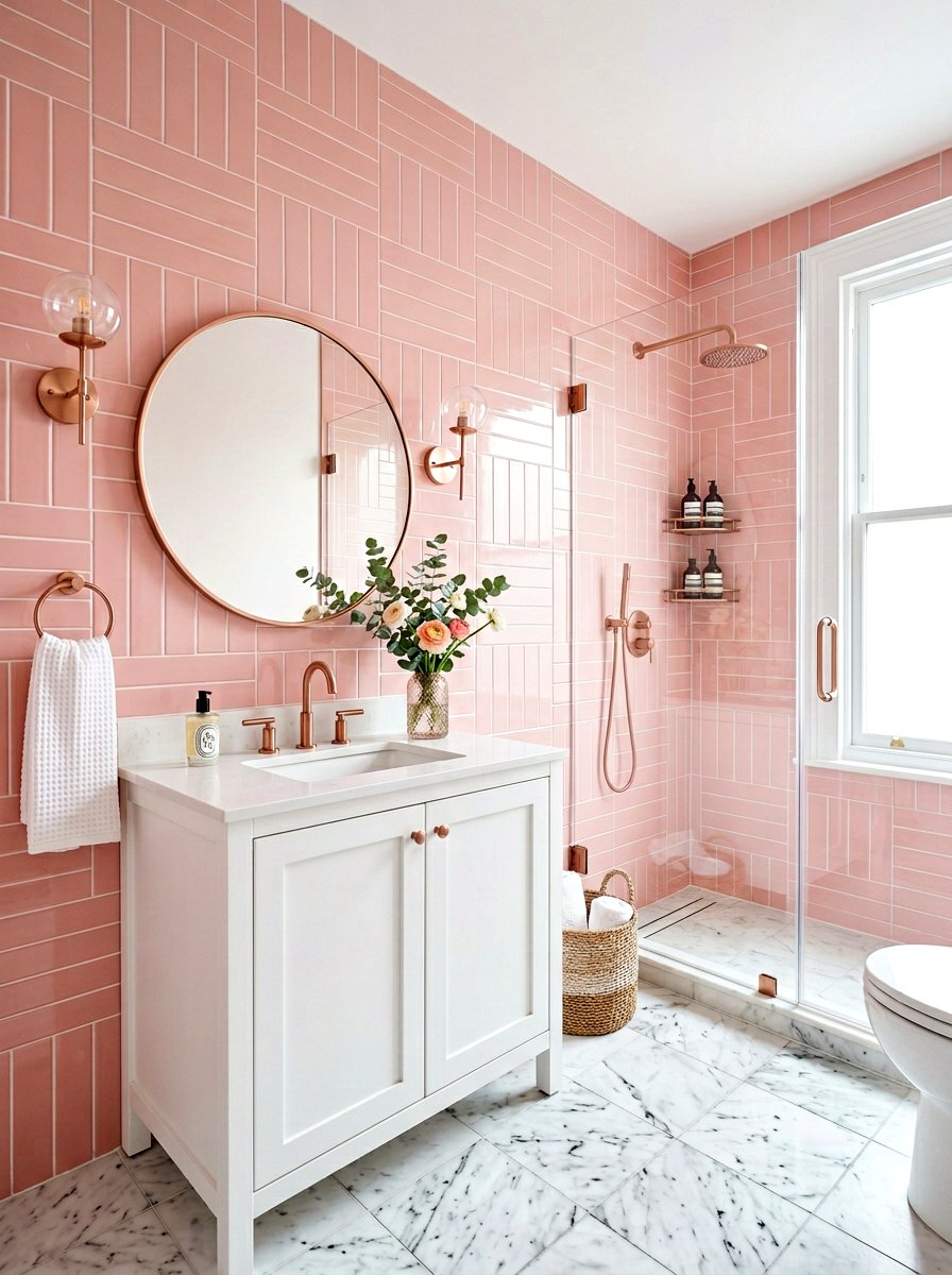 Blush Pink Stacked Subway Bathroom - 30 stacked tile bathroom ideas
