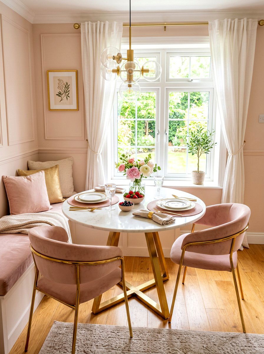 Blush and gold breakfast nook - 30 blush and gold decor ideas