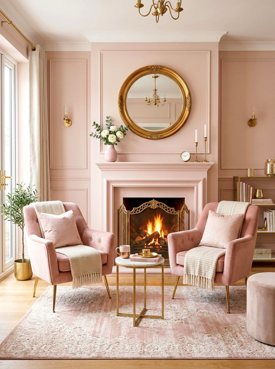Blush and gold fireplace lounge - 30 blush and gold decor ideas