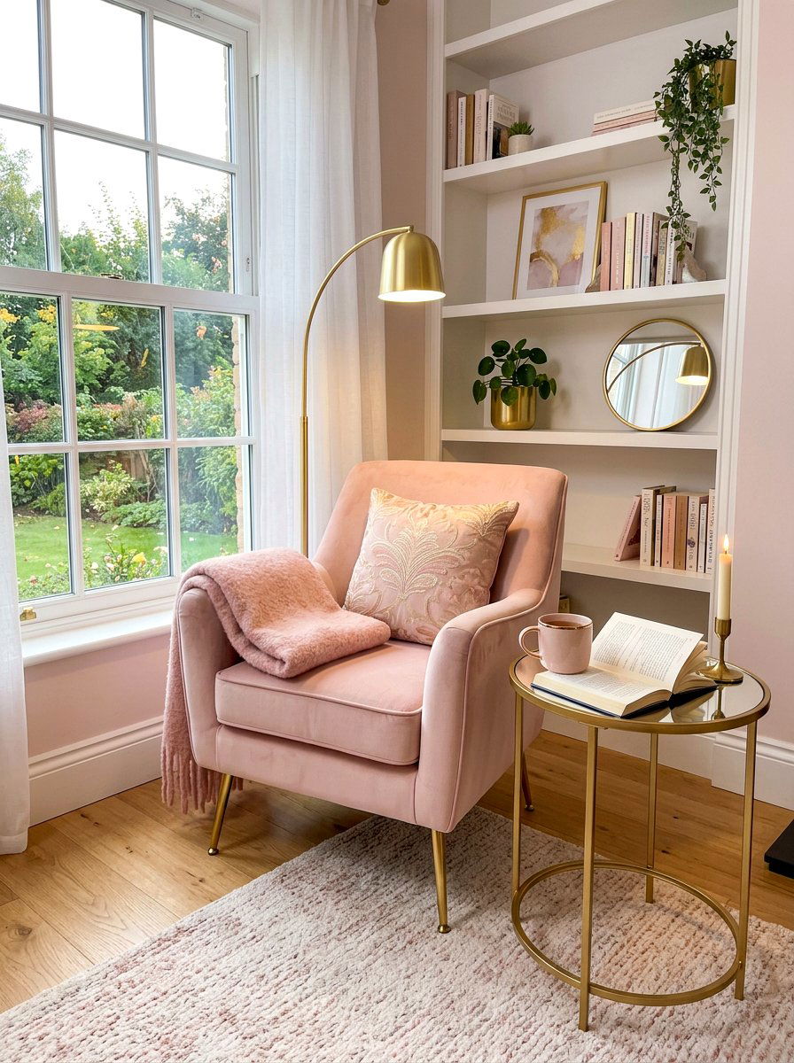 Blush and gold reading nook - 30 blush and gold decor ideas