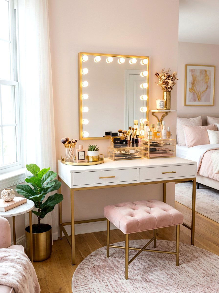 Blush and gold vanity area - 30 blush and gold decor ideas