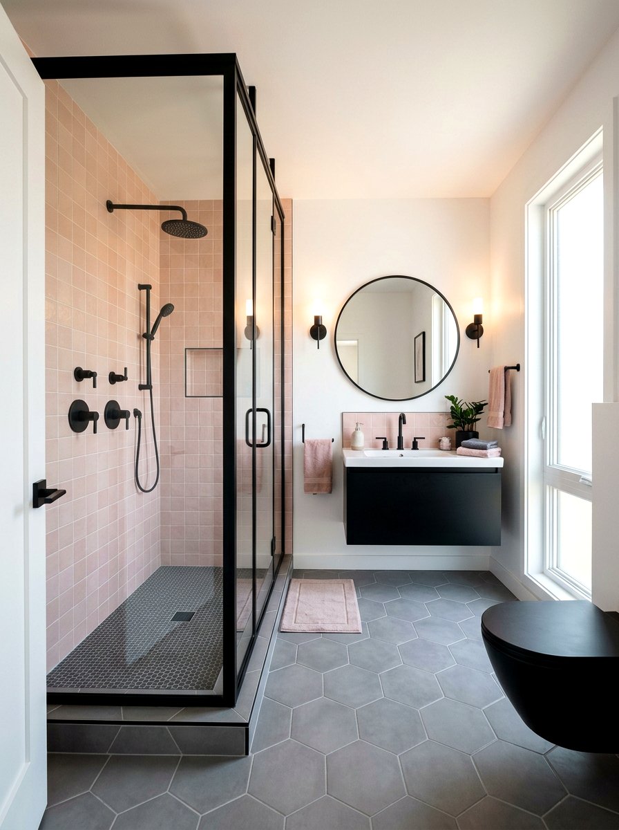 Blush pink and matte black bathroom - 30 blush bathroom ideas