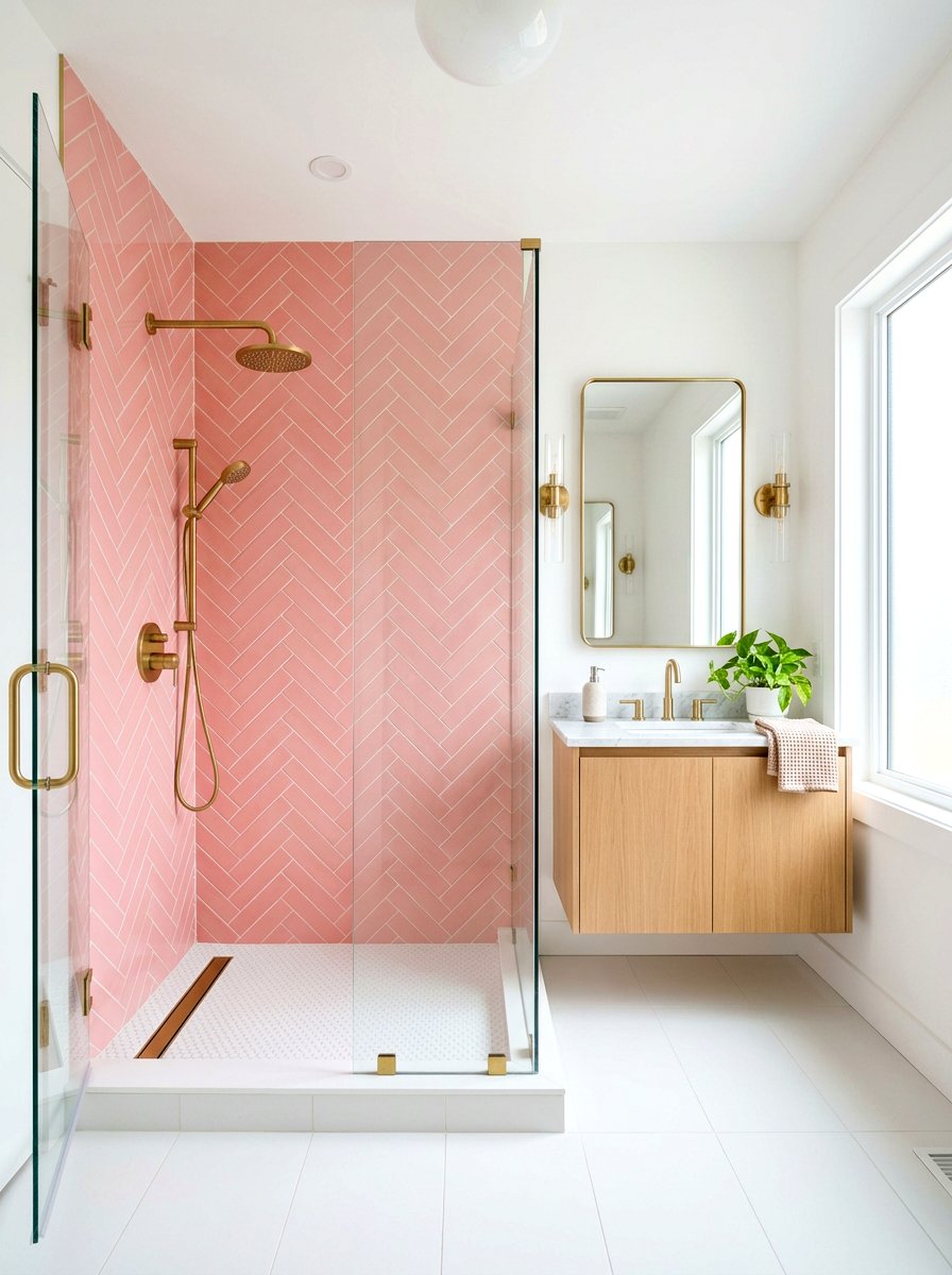 Blush pink herringbone tile bathroom - 30 blush bathroom ideas