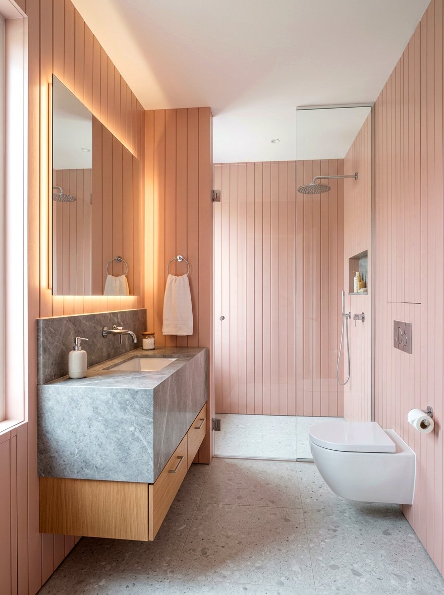 Blush pink wood paneling bathroom - 30 blush bathroom ideas