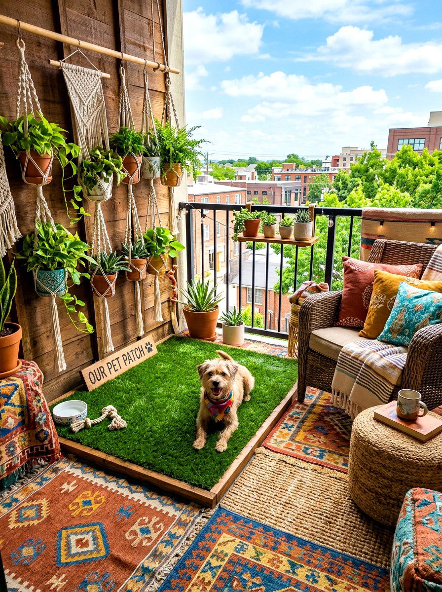 BoHo balcony dog patch - 30 balcony pet potty area ideas