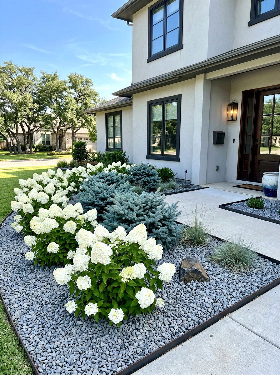 Bobo hydrangea and blue star juniper - 30 evergreen and hydrangea landscape ideas