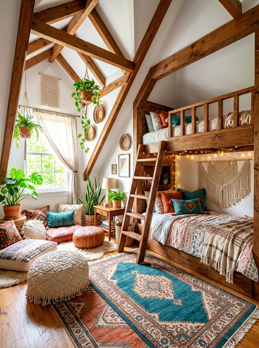 Bohemian Attic Bunk Room - 30 attic bunk room ideas