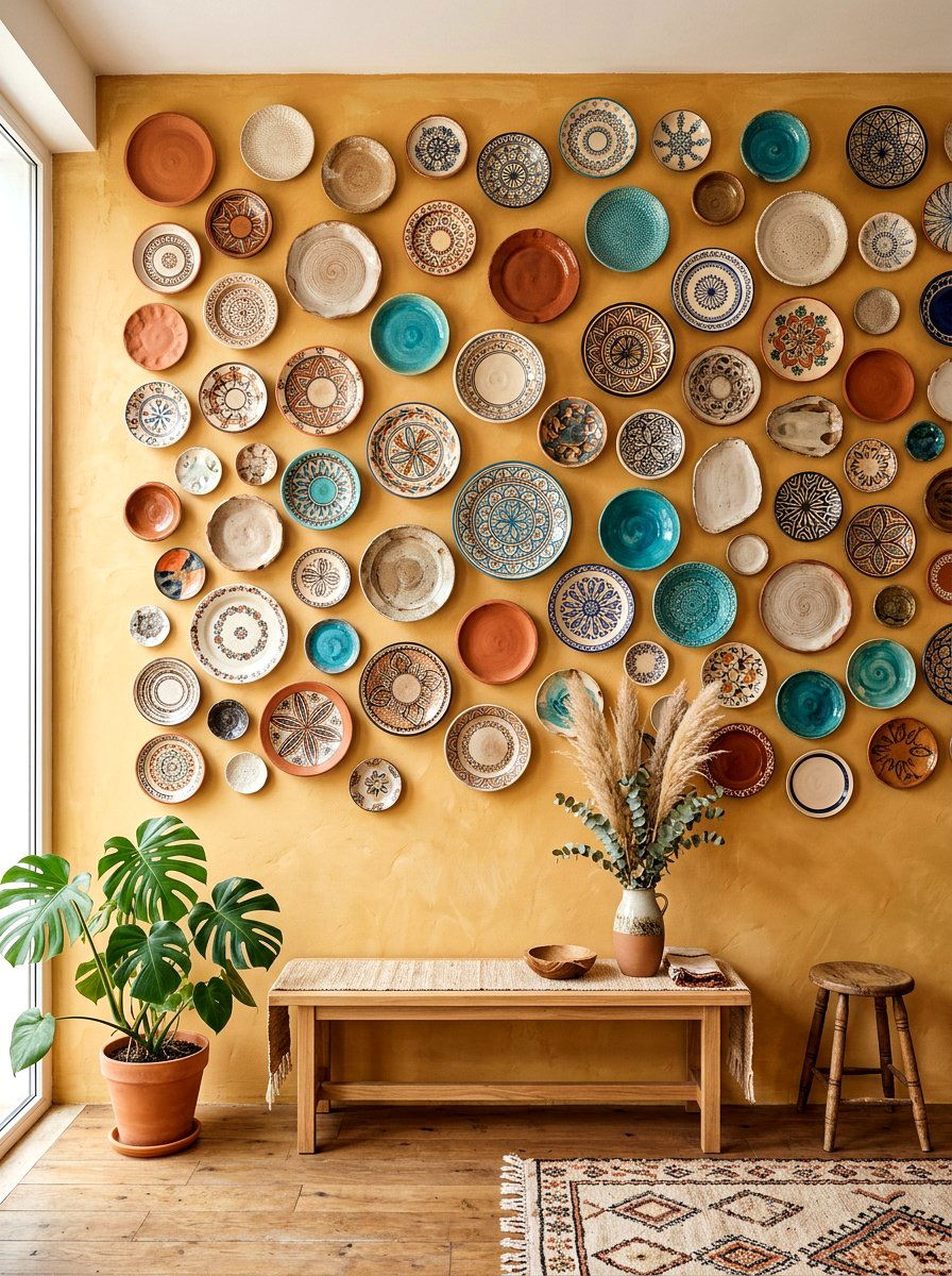 Bohemian Clay Plate Wall - 30 plate wall dining room ideas
