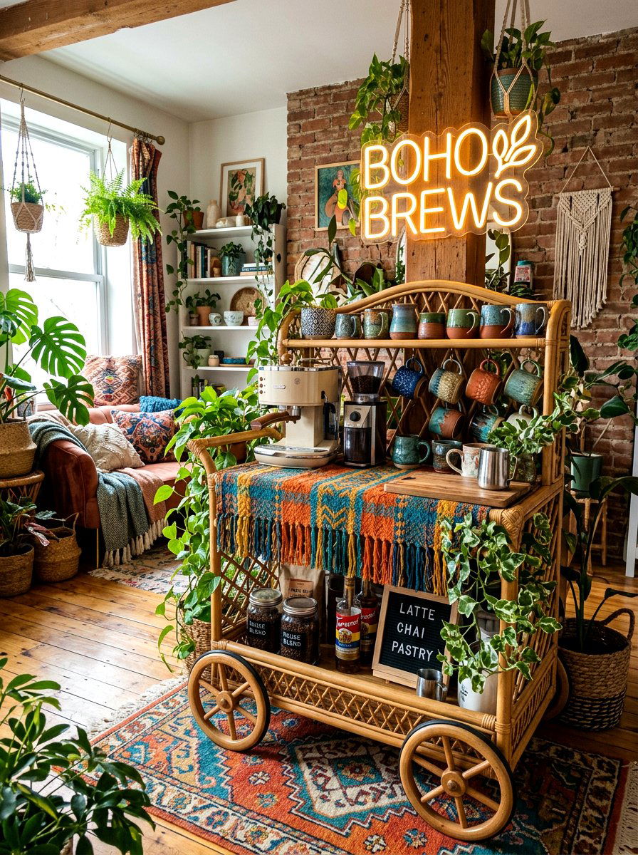 Bohemian Coffee Cart Setup - 30 coffee cart apartment ideas