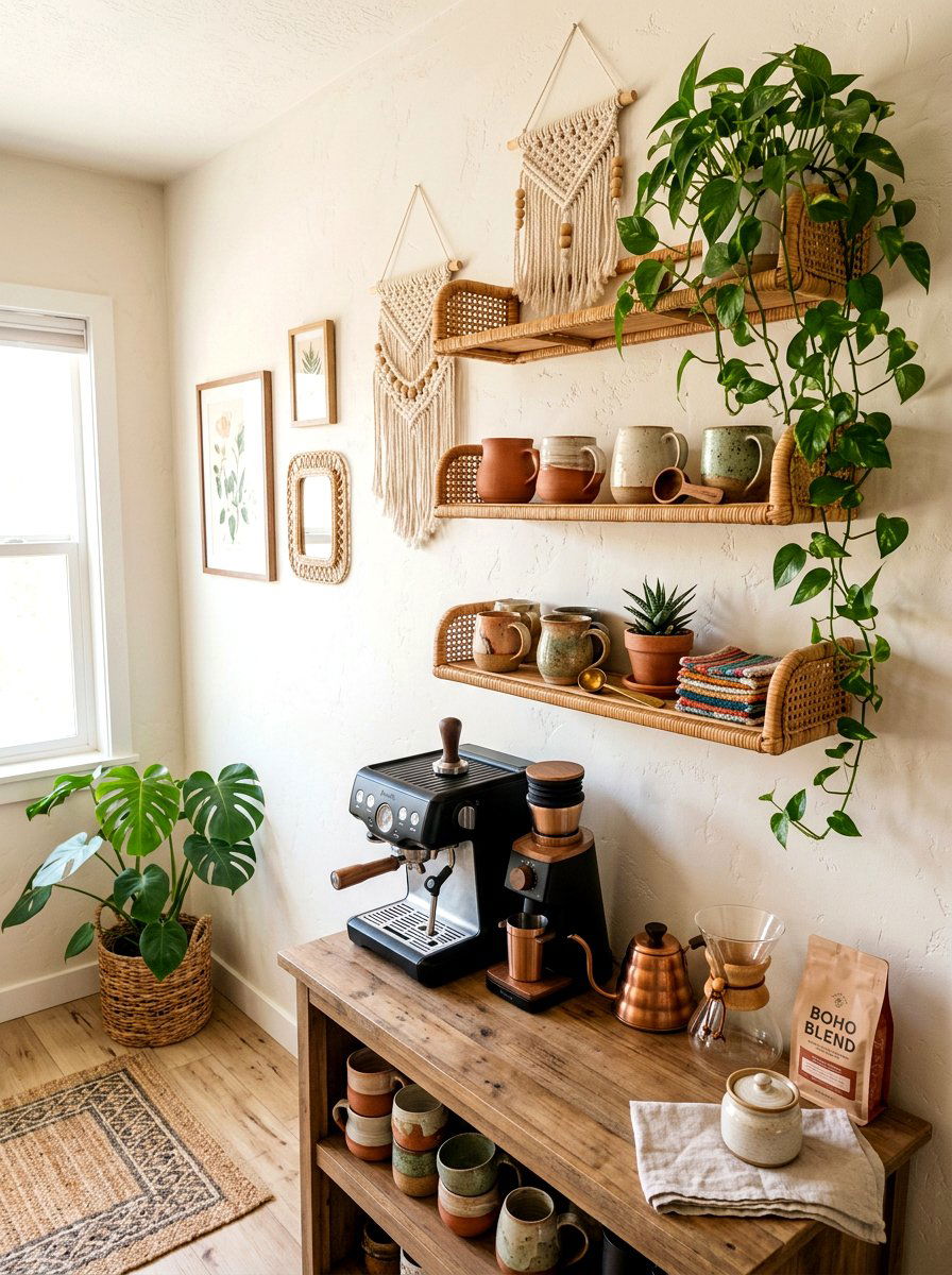 Bohemian Coffee Corner Shelves - 30 coffee station shelf styling ideas