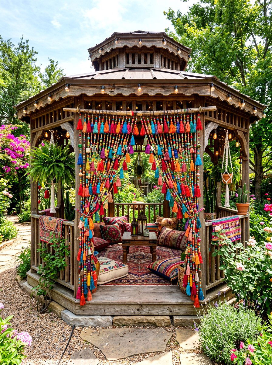 Bohemian Colorful Tassel Curtain - 30 gazebo curtain ideas