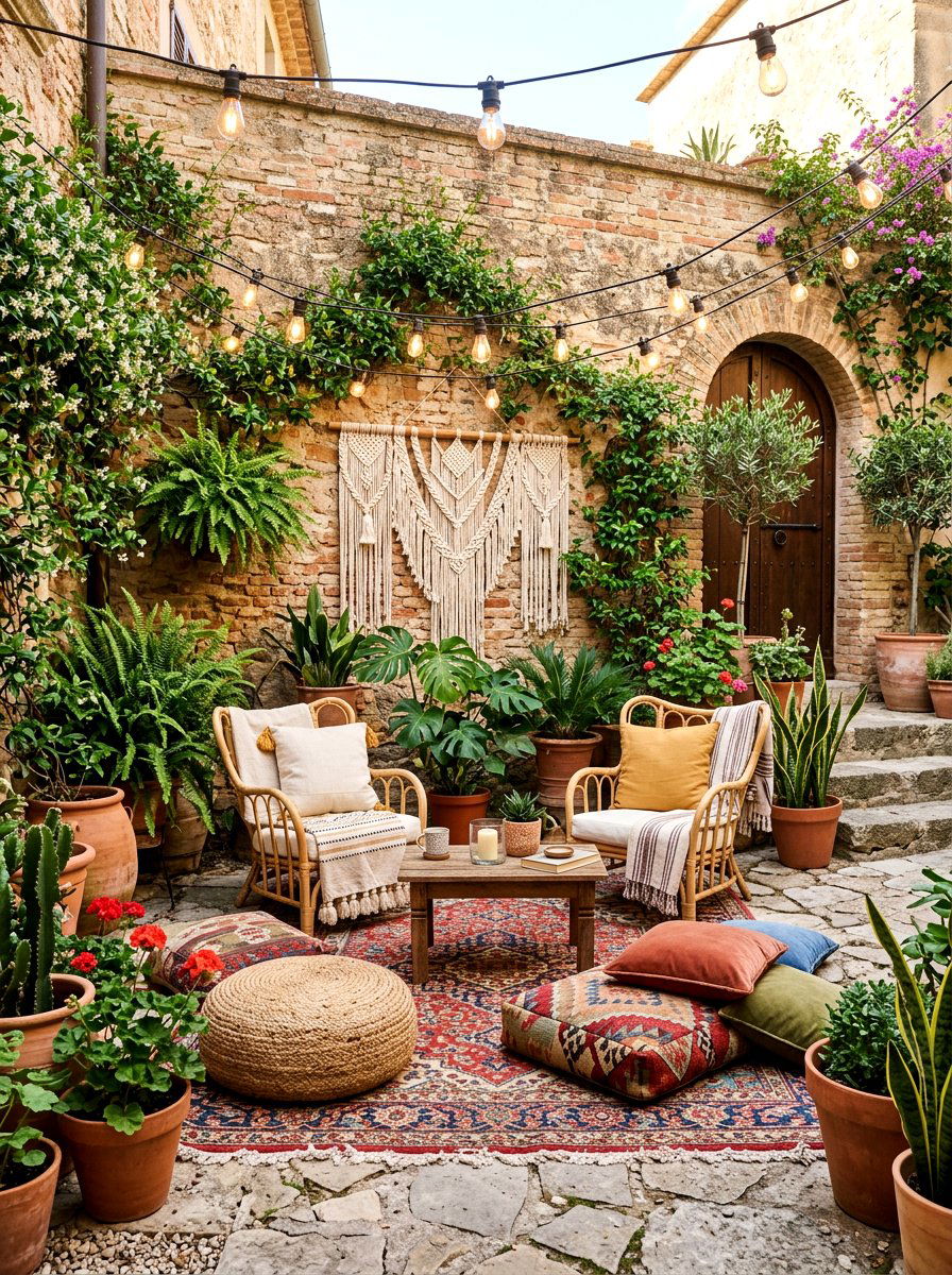 Bohemian Courtyard Setup - 30 courtyard conversation area ideas