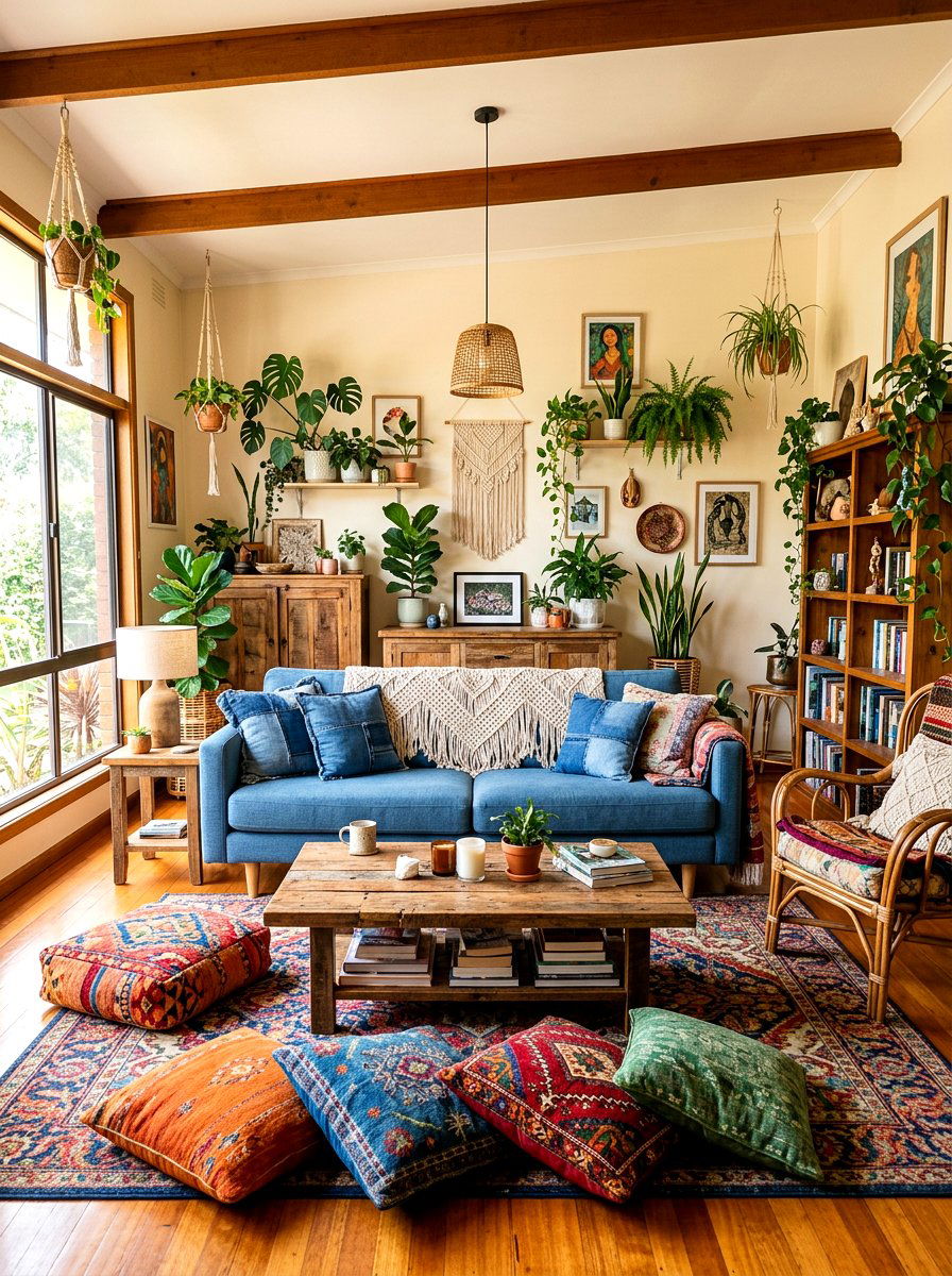 Bohemian Denim Blue Living Room - 30 denim blue living room ideas