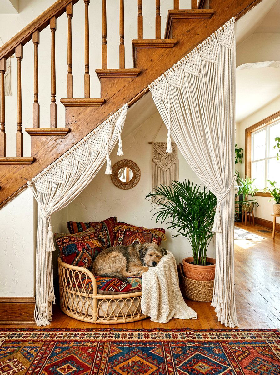 Bohemian Dog Bed With Curtains - 30 under stairs dog nook ideas