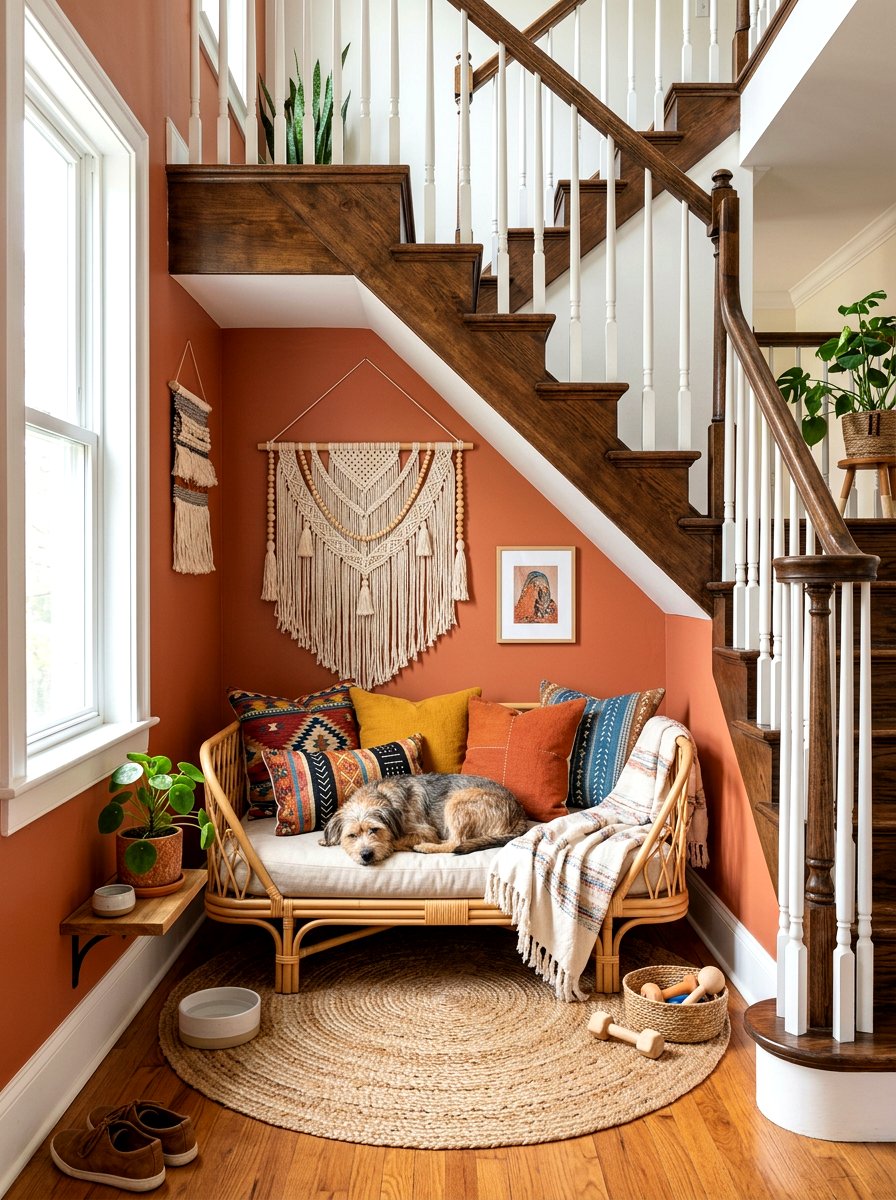 Bohemian Dog Corner - 30 under staircase pet nook ideas