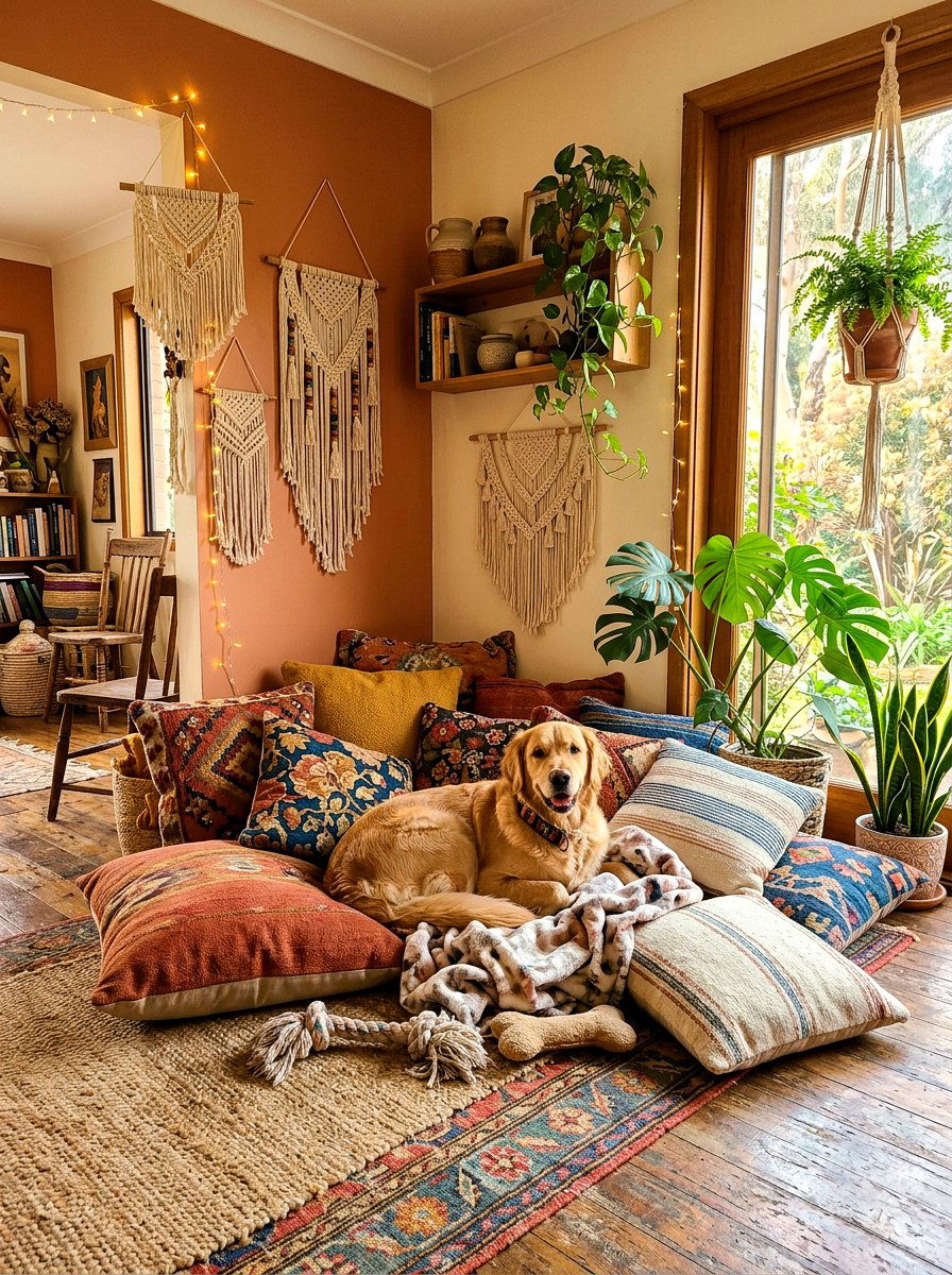 Bohemian Dog Lounge With Floor Pillows - 30 dog lounge room ideas