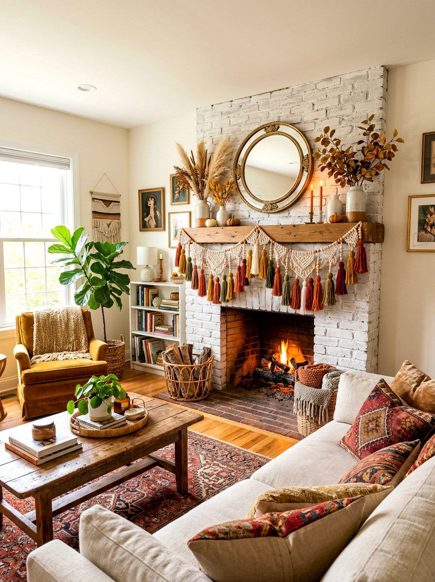 Bohemian Fall Fireplace Tassel Garland - 30 fall mantel styling ideas