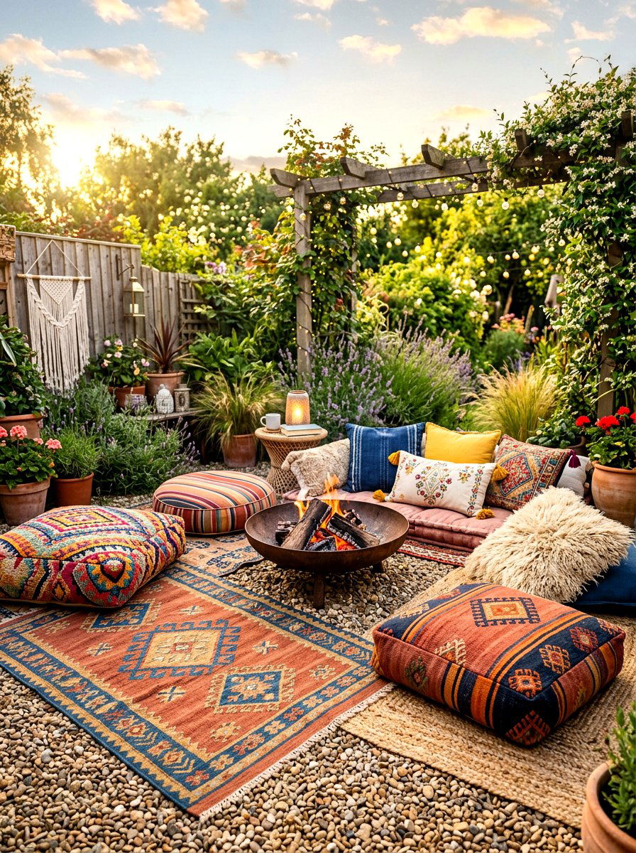 Bohemian Fire Pit With Floor Pillows - 30 fire pit seating ideas