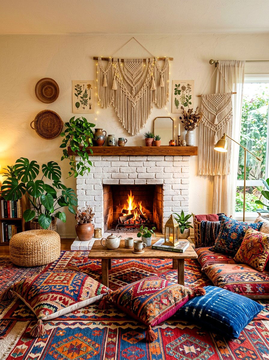 Bohemian Fireplace Floor Seating - 30 fireplace reading nook ideas