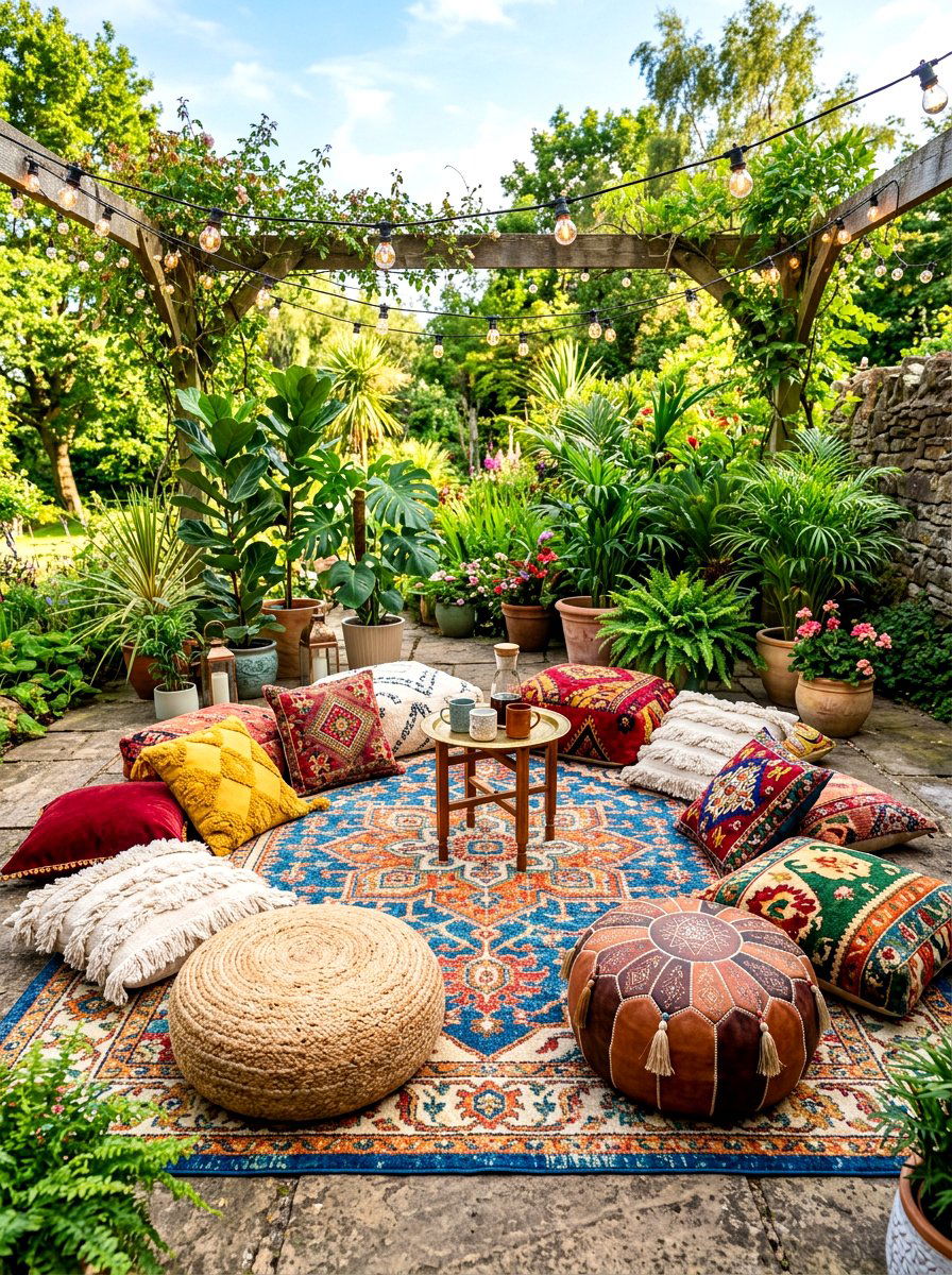Bohemian Floor Cushion Area - 30 backyard seating circle ideas