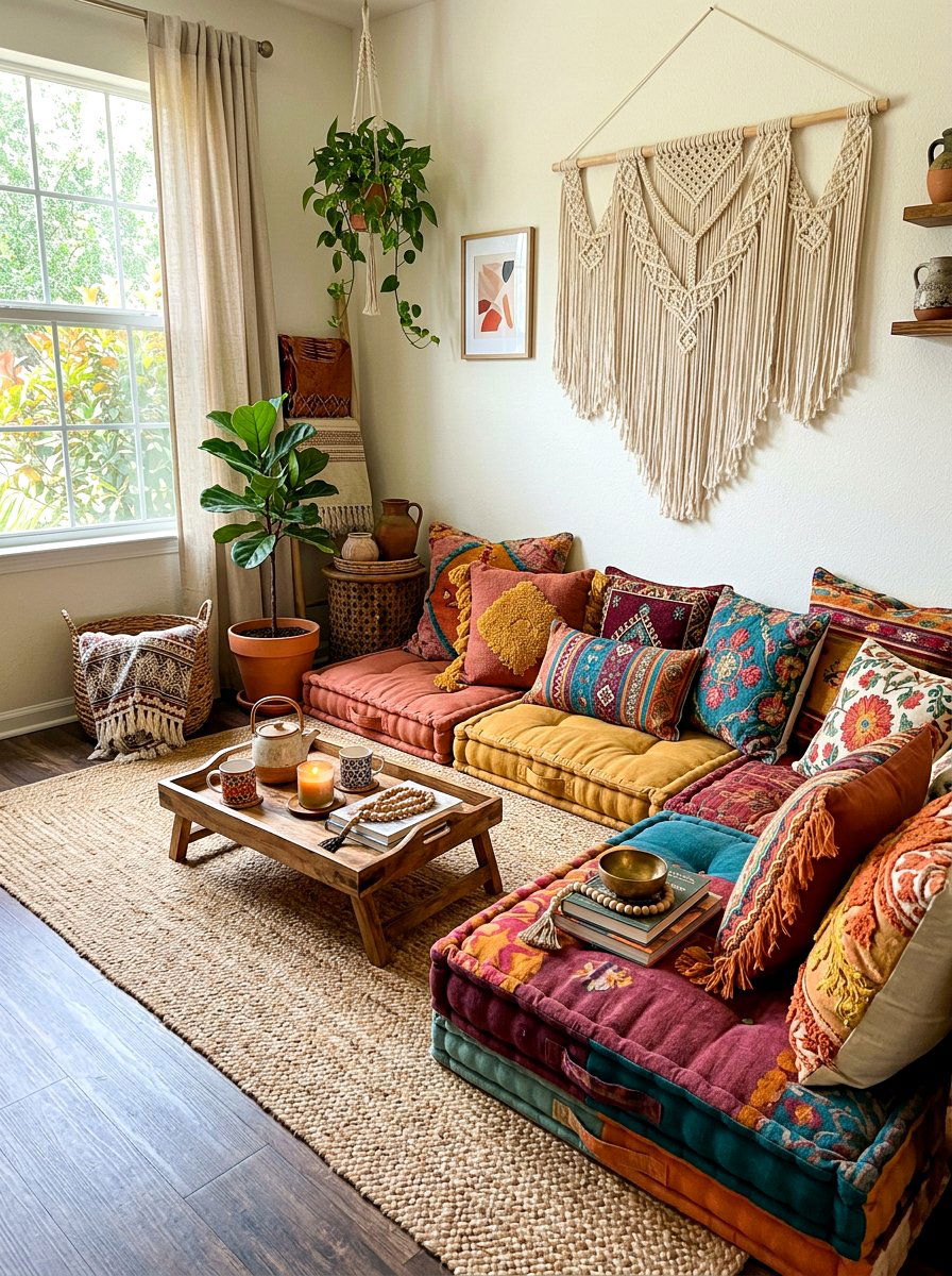 Bohemian Floor Cushion Lounge - 30 condo balcony lounge ideas