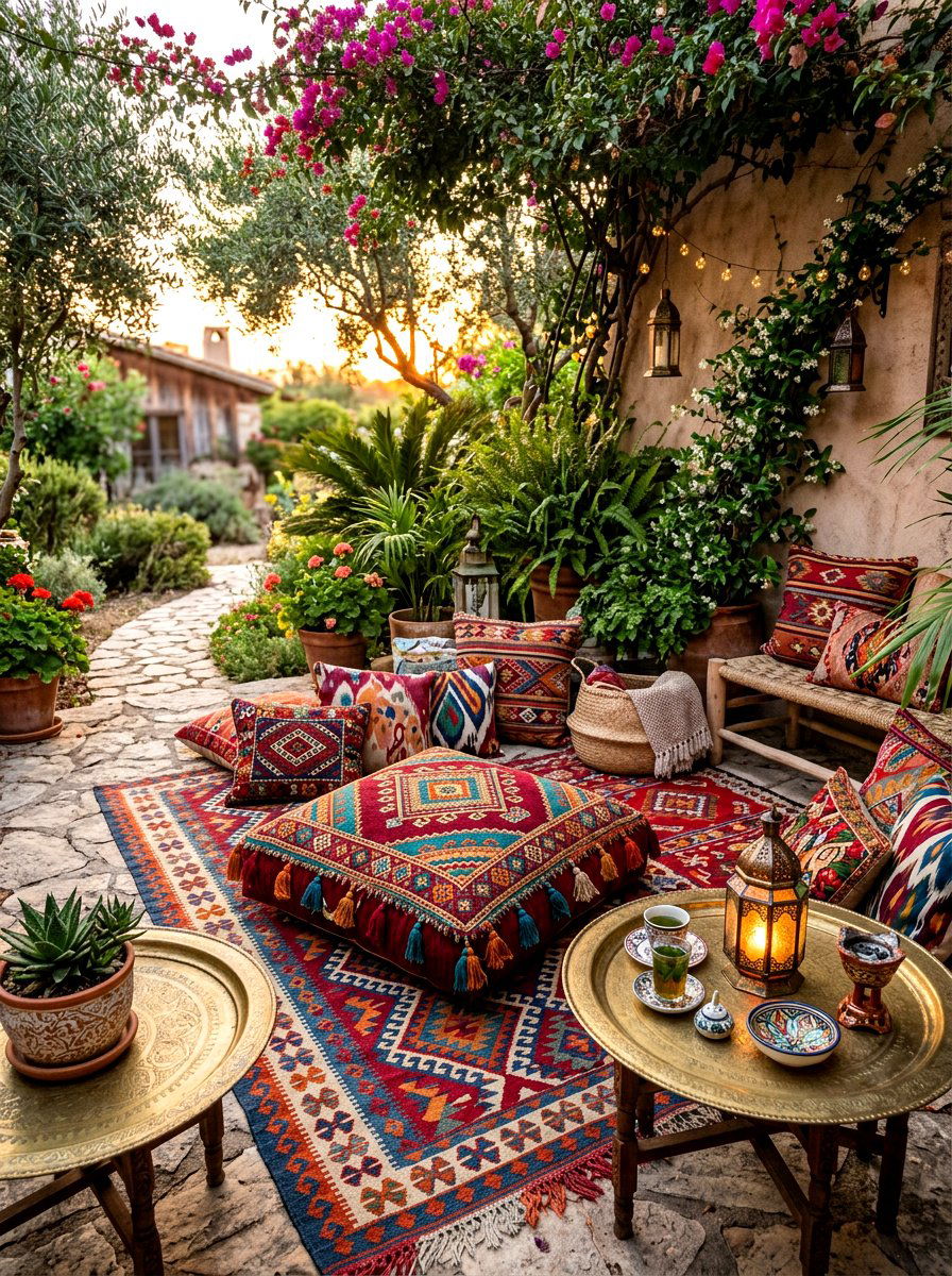 Bohemian Floor Cushion Nook - 30 outdoor movie night ideas
