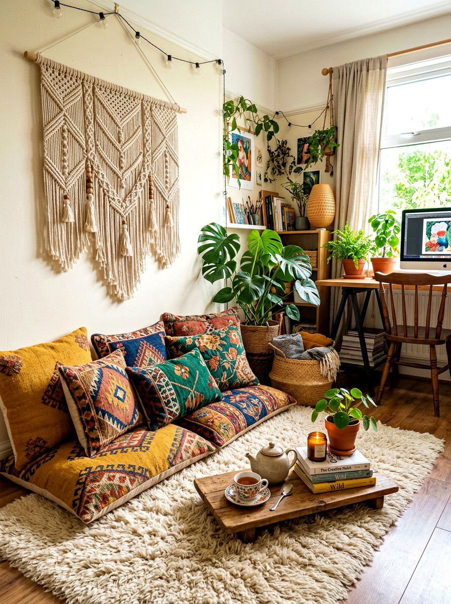 Bohemian Floor Cushion Nook - 30 office reading corner ideas