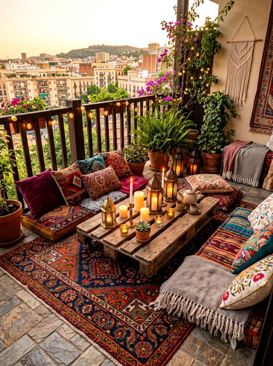 Bohemian Floor Seating - 30 tiny balcony seating ideas