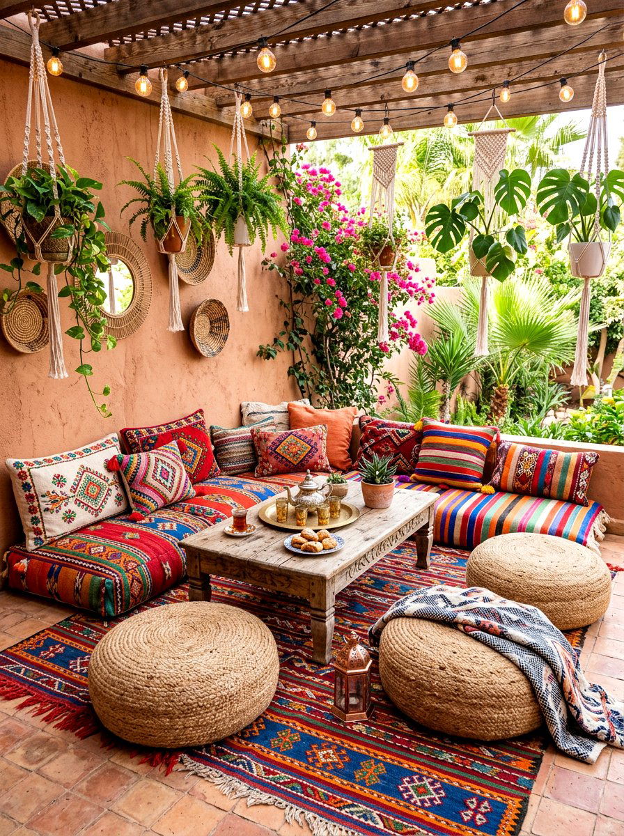 Bohemian Floor Seating Corner - 30 covered patio breakfast nook ideas