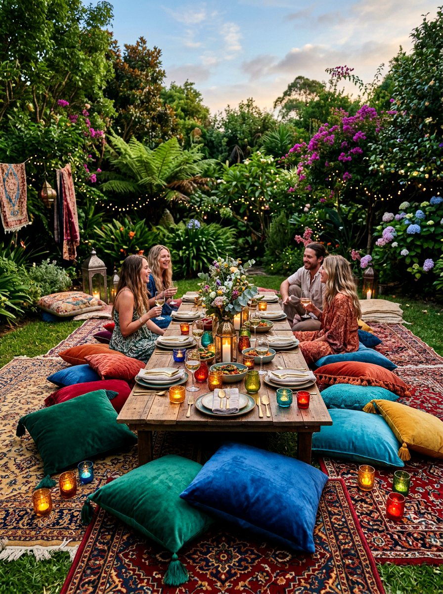 Bohemian Floor Seating Dinner - 30 candlelit garden dinner ideas