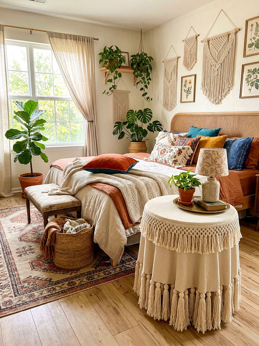 Bohemian Fringe Trimmed Table - 30 skirted nightstand ideas