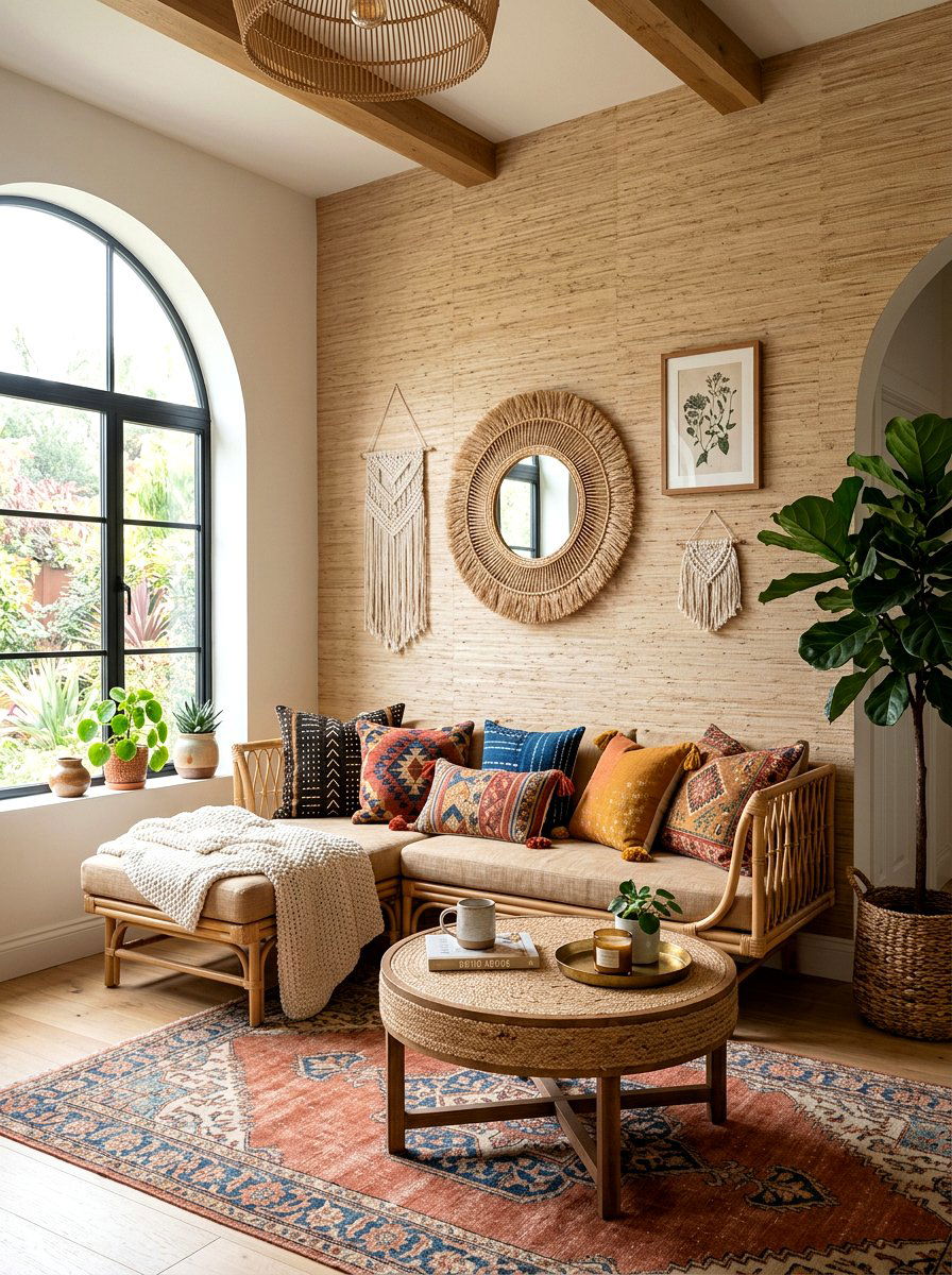 Bohemian Grasscloth Wrapped Wall - 30 wall wrapped headboard ideas