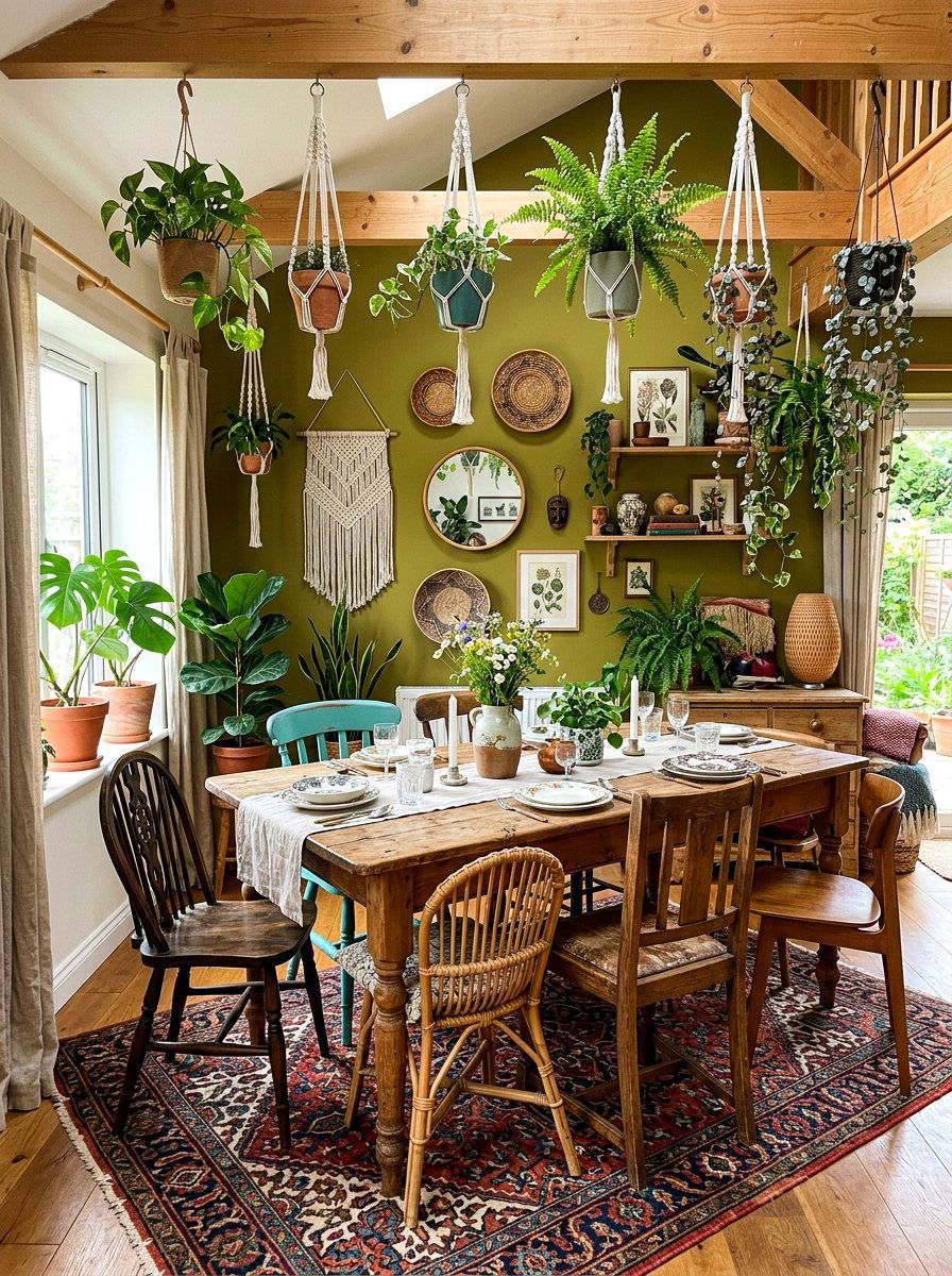 Bohemian Green Dining Room - 30 green dining room ideas
