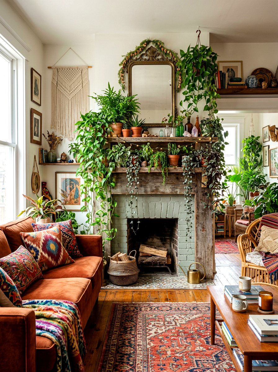 Bohemian Greenery Decor - 30 fireplace mantel ideas