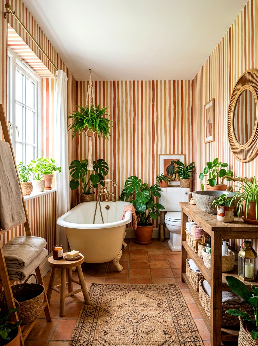 Bohemian Hand Painted Striped Bathroom - 30 striped bathroom wallpaper ideas
